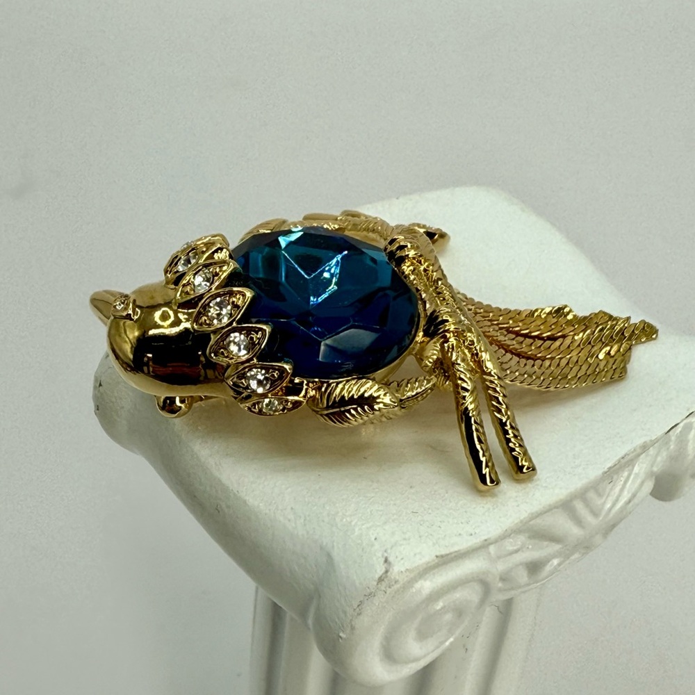 Rare Vintage Kenneth Jay Lane Bird Brooch – 1990s Signed KJL Blue Crystal Gold - Picture 13 of 17